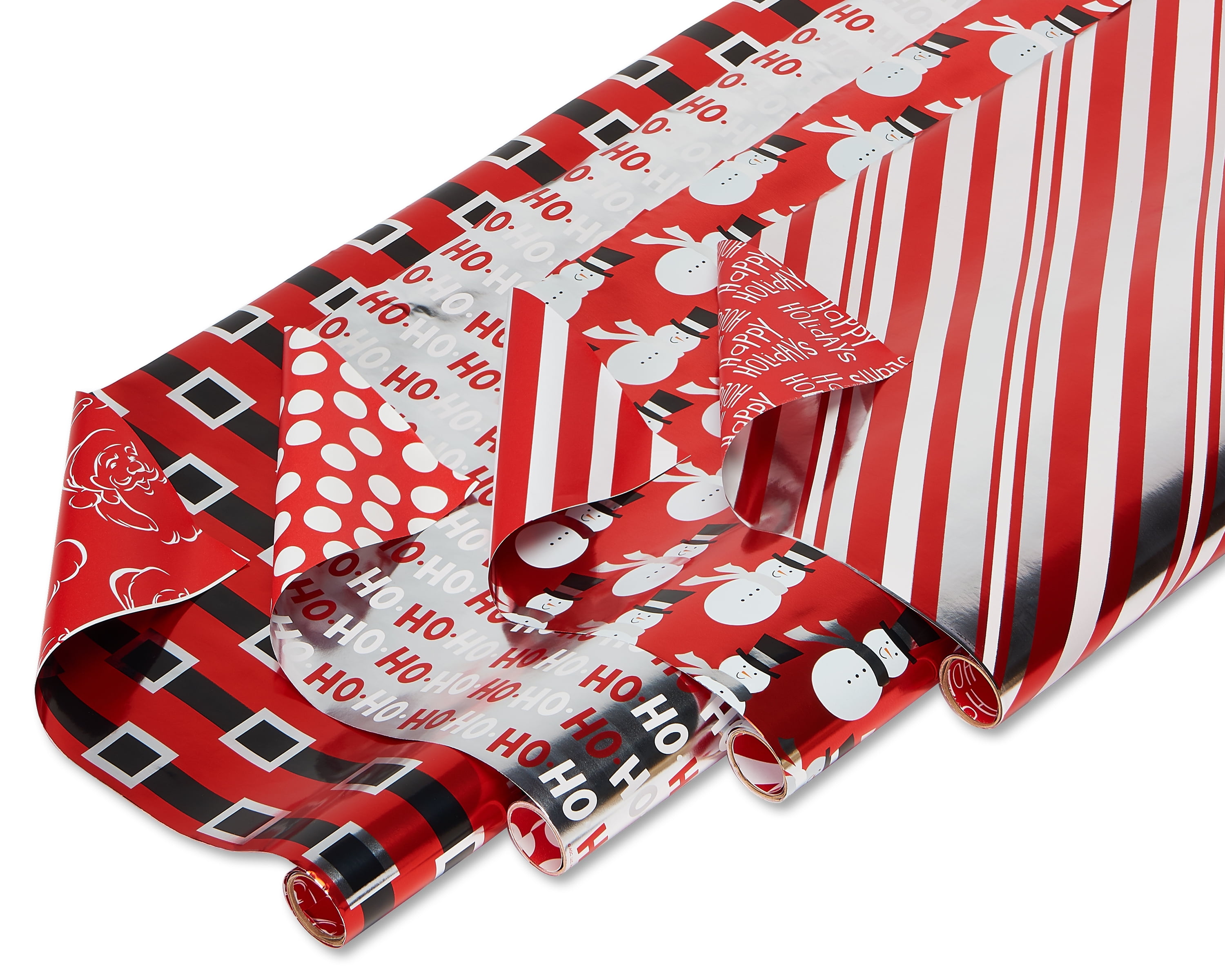 bille kuvert Bliv oppe American Greetings Christmas Foil Reversible Wrapping Paper, Red, Black,  and Silver, Candy Cane Stripe, Snowmen, Ho-Ho-Ho, Santa Belt, 4-Roll, 30",  80 Total Sq. Ft. - Walmart.com