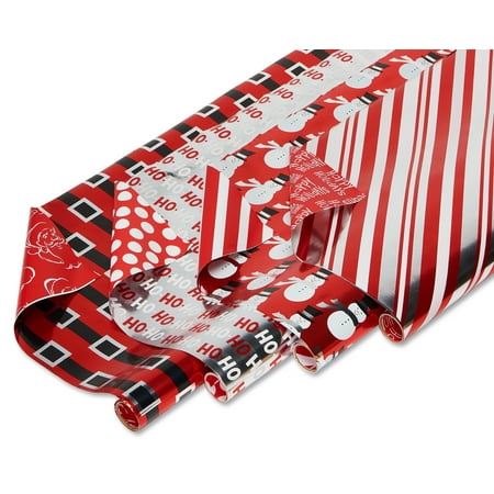 American Greetings Christmas Foil Reversible Wrapping Paper, Red, Black, and Silver, Candy Cane Stripe, Snowmen, Ho-Ho-Ho, Santa Belt, 4-Roll, 30
