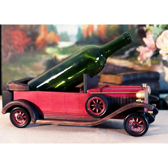 Hand Made Wood Retro Style Pink Cabriolet Convertible Car Wine Holder Figurine