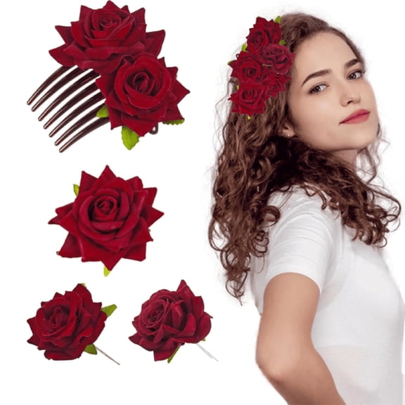 TUWAFE 4 Pieces Rose Hair Clip Big Rose Brooch Floral Clips Mexican Flower Hair Accessories for Woman Flamenco Dancer Bridal Party Wedding