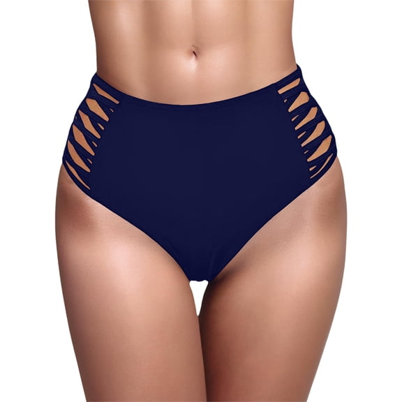 Ludearly Women High Waisted Bikini Bottoms Tummy Control Swimsuit Bottoms Strappy Swim Bottom S&Dark Blue