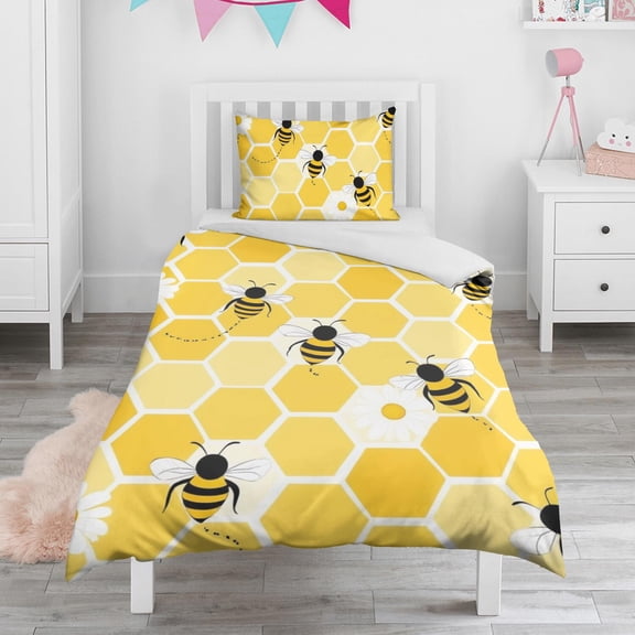 Bees with Daisy on Honeycomb Duvet Cover and Pillowcase Set for Single Bedding, Bedroom Accessories for Kids Teens