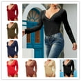 thumbnail image 3 of Women's Basic T-Shirt Bodysuit V Neck Thong Back Cotton Knit Long Sleeve Pure Color For Club Beach Party Cocktail Party Evening, 3 of 6