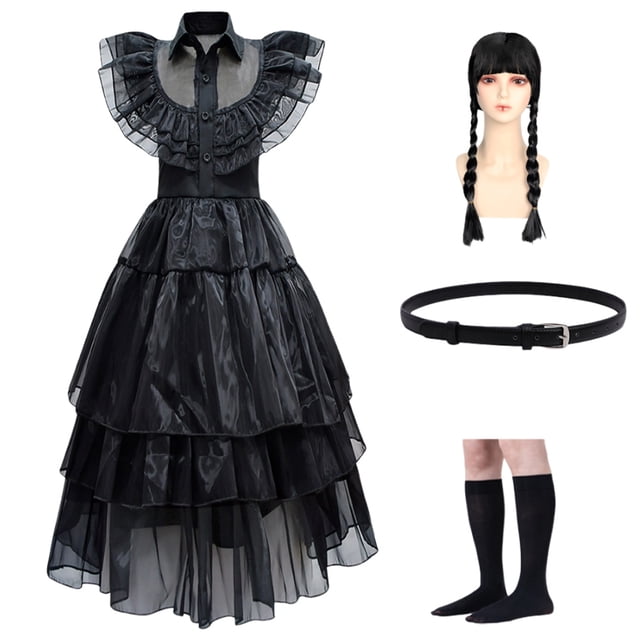 Disfraz Gótico para Niñas Miércoles Addams Fiesta Halloween Vestido Elegante