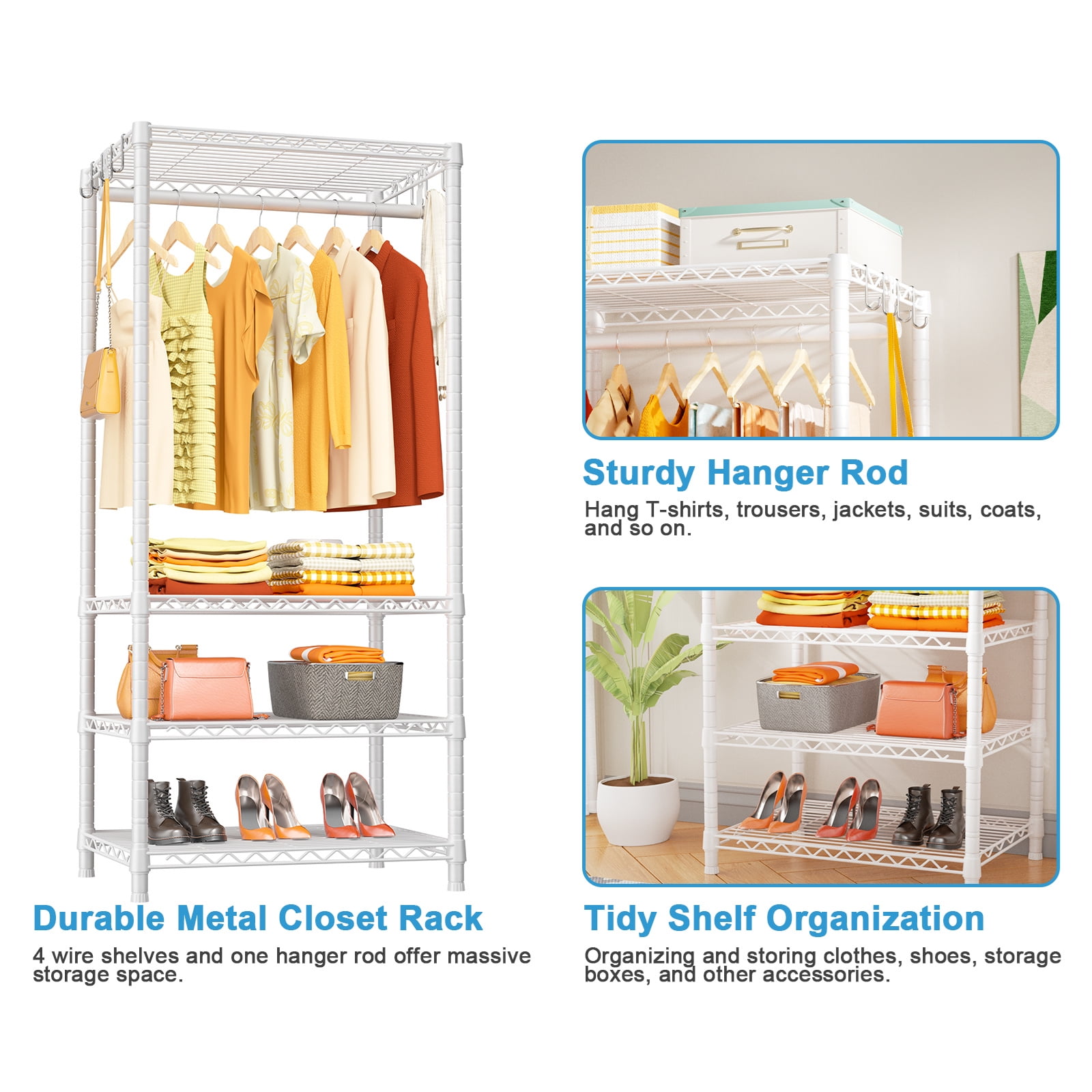 Ulif H4 Mini Clothing Rack,Laundry Room Organizer,4 Tiers Freestanding Clothes Rack for Small Space, Metal Clothes Wardrobe System for Bedroom, Load 502 lbs, White