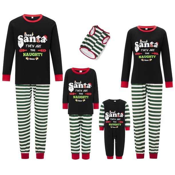 Pijamas navideños familiares a juego, camiseta de manga larga con estampado de letras y pantalones a rayas. Ropa de dormir para estar en casa.