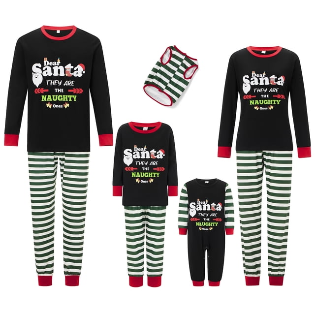 Pijamas navideños familiares a juego, camiseta de manga larga con estampado de letras y pantalones a rayas. Ropa de dormir para estar en casa.