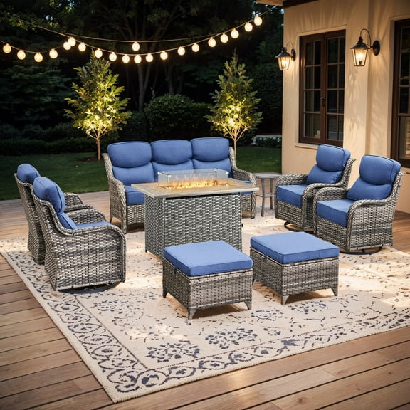Planntonneo 9pcs Patio Furniture Set with Fire Pit Table, Rattan Sofa with Swivel Chairs, Ottomans, Side Table and 41" Propane Fire Table Rectangular, 6inch Thickened Blue Cushions, Grey Wicker
