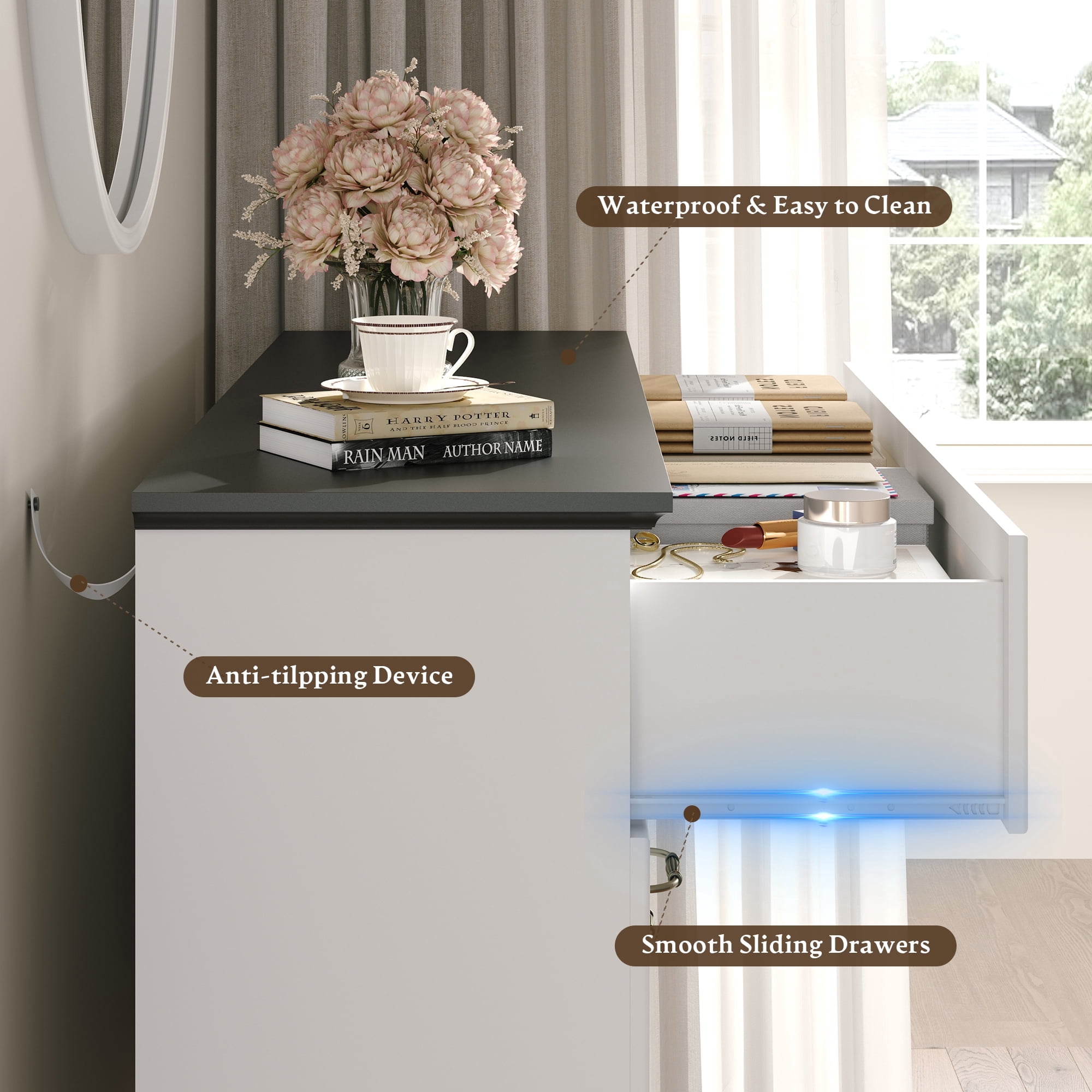 FANRAL 6 Drawers Dresser for Bedroom,Wood Rustic Storage Cabinet Chest of Drawers,Farmhouse Large Drawers with Metal Handles,White Dresser(Plus)