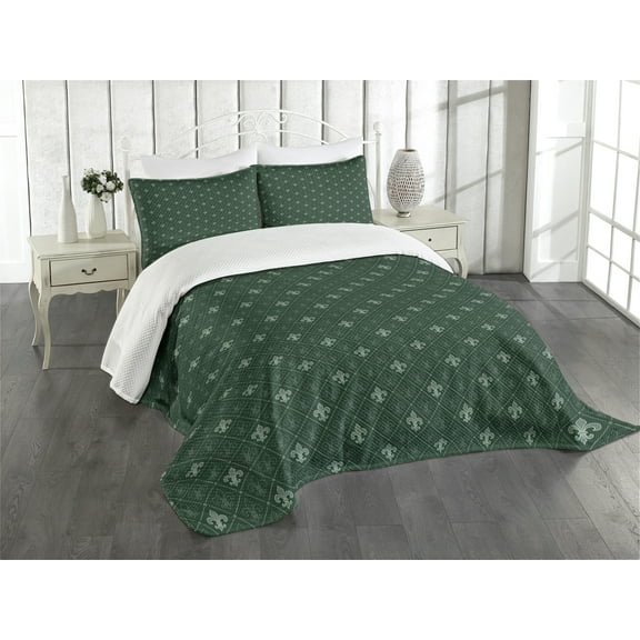 Ambesonne Fleur De Lis Quilted Bedspread Set 3 Pcs, Royal Floral Forms, King Size, Hunter and Sage Green
