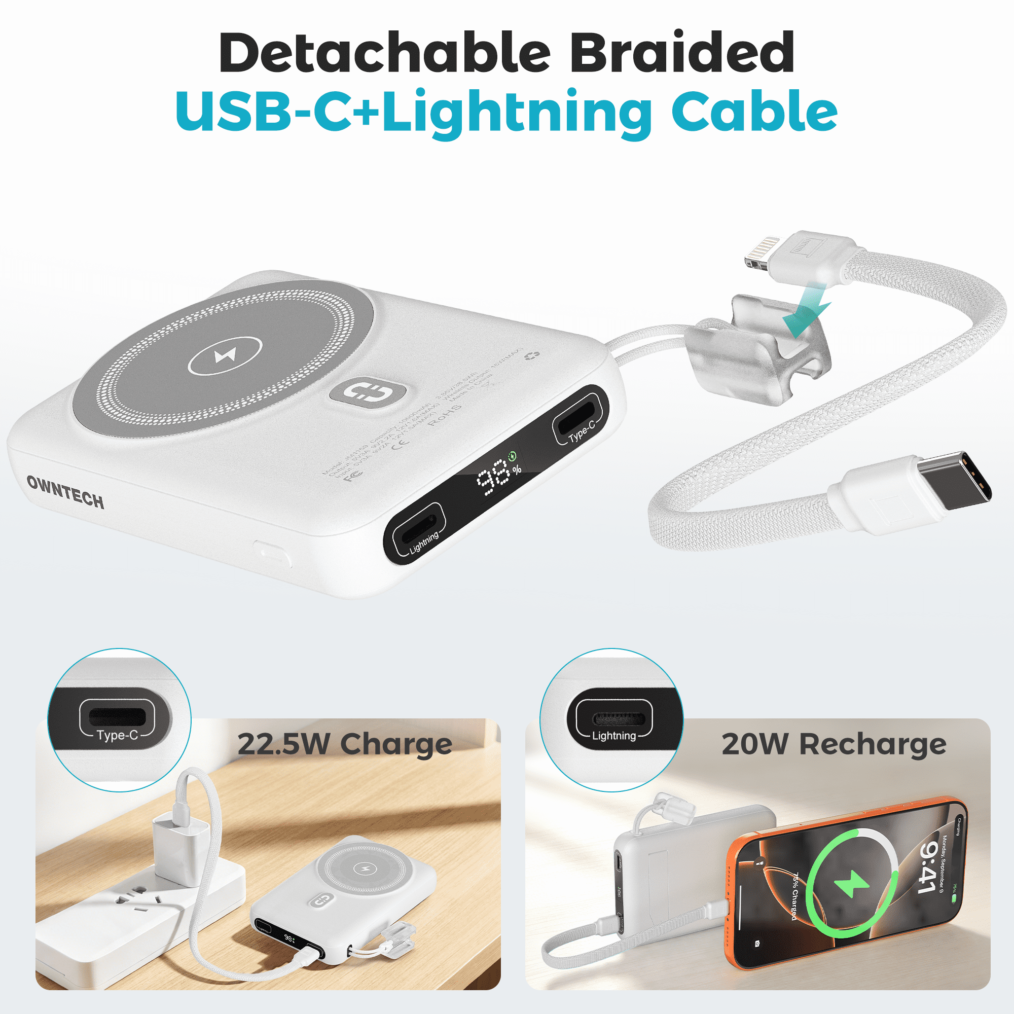 OWNTECH 10000mAh Magnetic Wireless Power Bank with Smart Display, 22.5W PD Fast Charging Portable Charger, Built-in Foldable Stand & USB-C Cable Compatible with iPhone 17/16/15/14 Series (White)