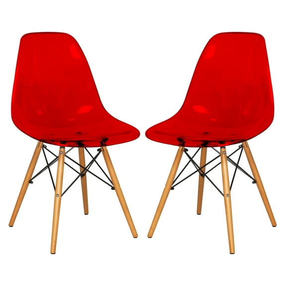 LeisureMod Cresco Plastic Molded Dining Side Chair – Modern Design, Ergonomic Comfort, Stylish Home Décor, Easy to Clean, Versatile for Dining Room, Kitchen, and Office Set of 2 (Transparent Red)