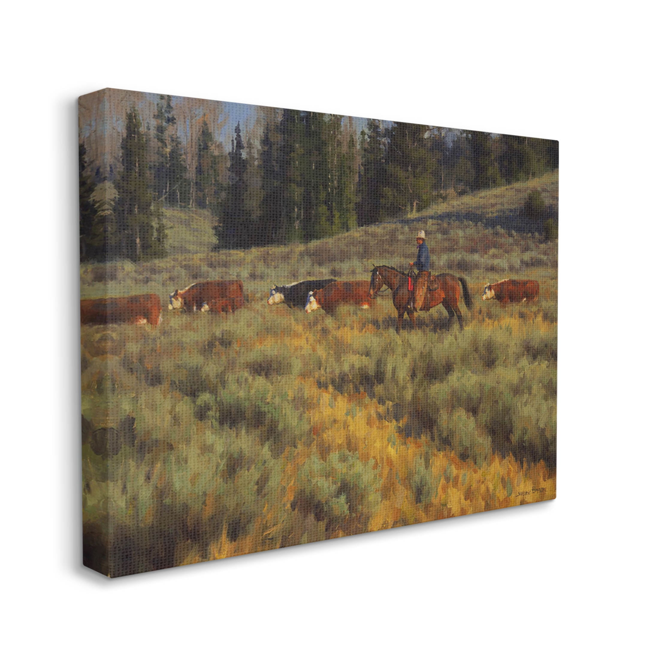 Cowboy Leading Cattle Meadow Animals & Insects Painting Gallery Wrapped Canvas Print Wall Art