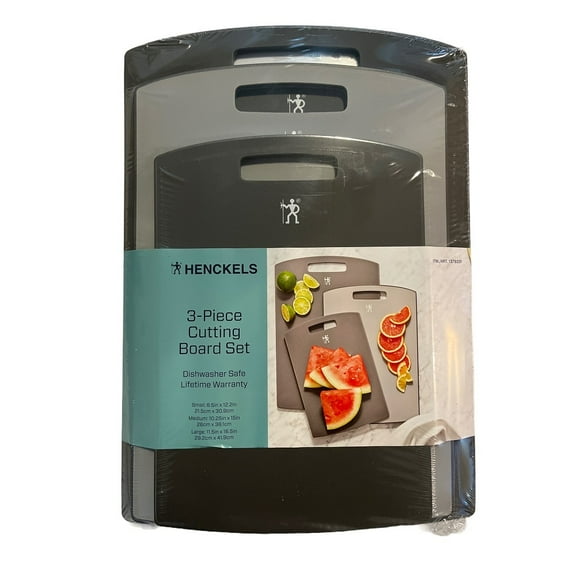 Henckels 3-piece Cutting Board Gray Set. One cutting board 8.5" x 12.2", One cutting board 10.25" x 15" and One cutting board 11.5" x 16.5".