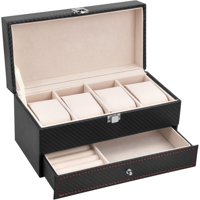 Estuche organizador de relojes, caja de reloj de doble capa cuero con 4 ranuras con ventana de vidrio real, vitrina de almacenamiento de joyas para mujeres, hombres, padre, esposo, novio