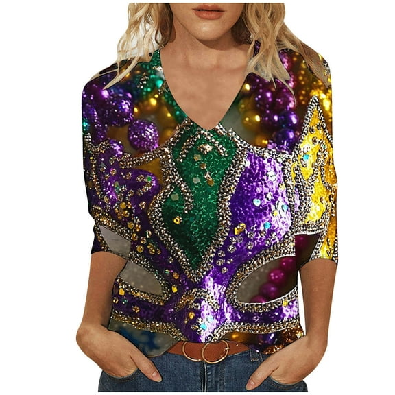 Tmtolofot Mardi Gras Shirts for Women Sequin Carnival Outfits Loose Vneck Tunic Blouses Three-quarter Sleeves Plus Size Clothing,#1_Purple,3X-Large