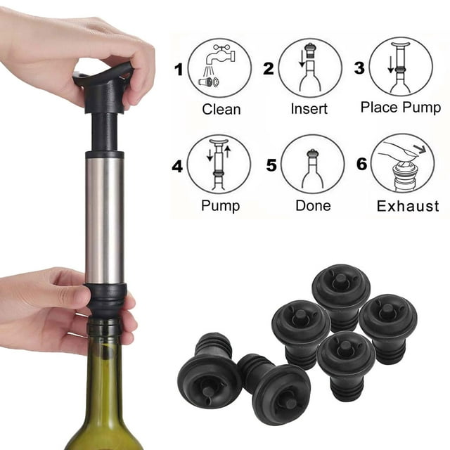 opvise Red Wine Saver Fresh Preserver Vacuum Air Pump with 6 Silicone Bottle Stoppers A