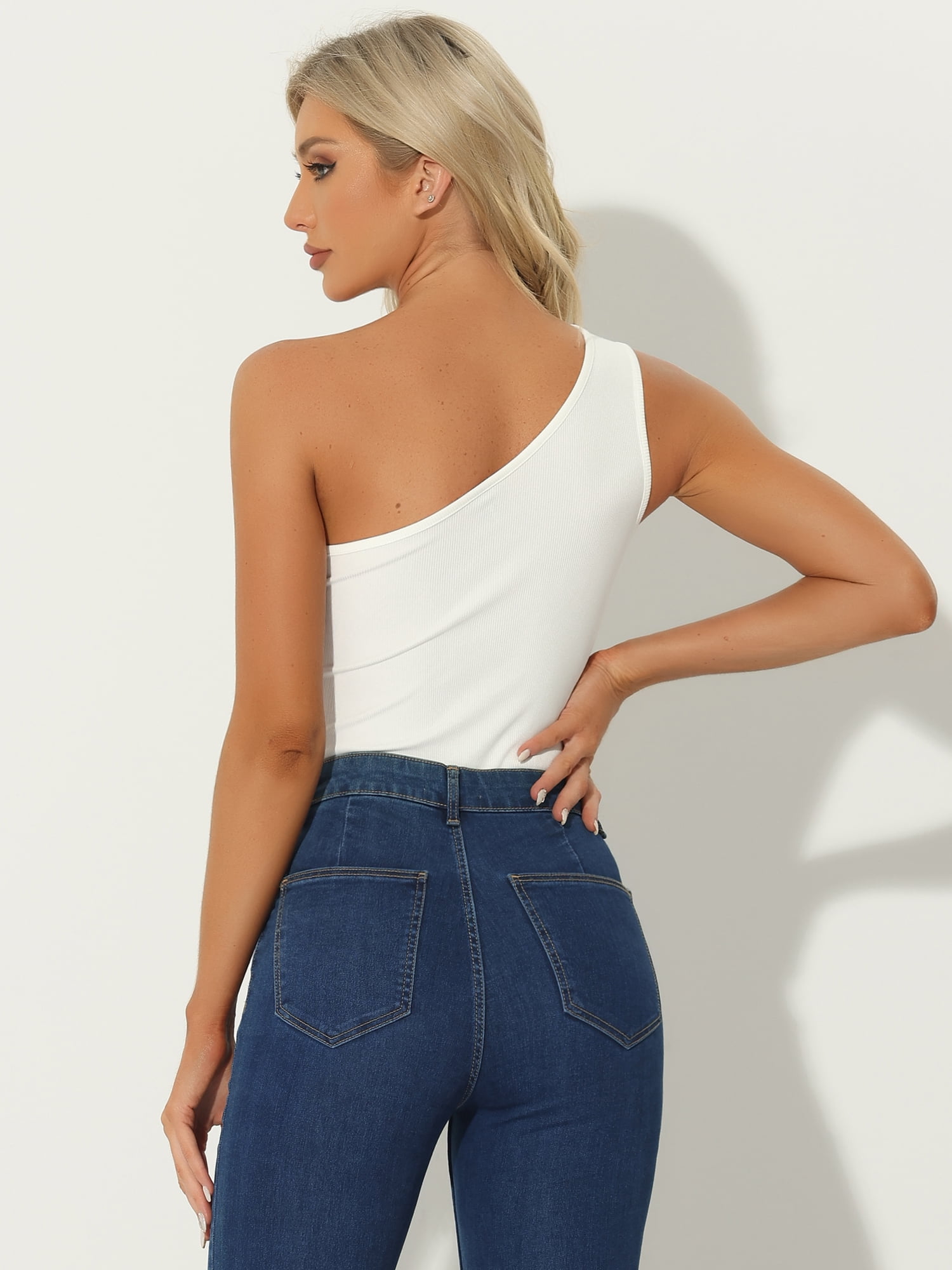 Unique Bargains Women's Leotard Shirt One Shoulder Ribbed Knit Slim Fit Tank Tops Bodysuit XS White