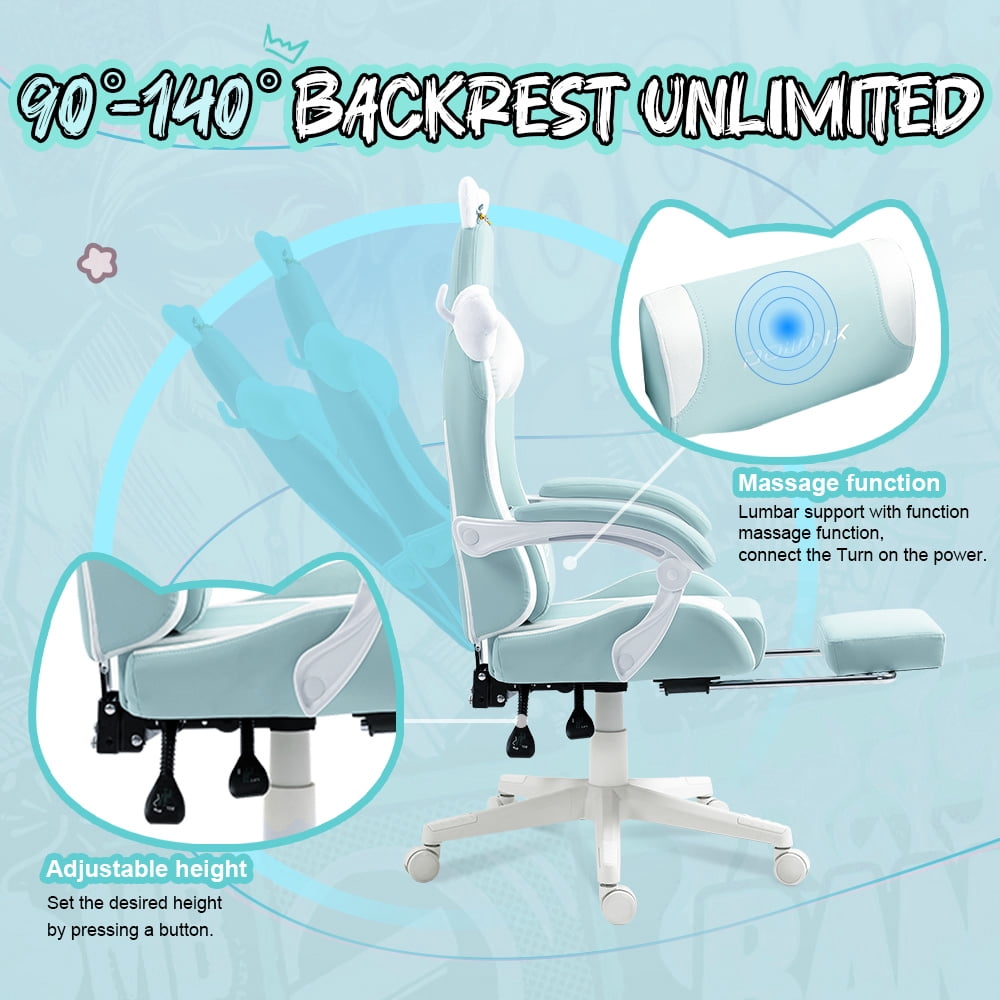 GOOSEA Gaming Chair with Cat Ears, Massage Lumbar & Footrest - Ergonomic Reclining Computer Chair for Girls, 290LBS, Green