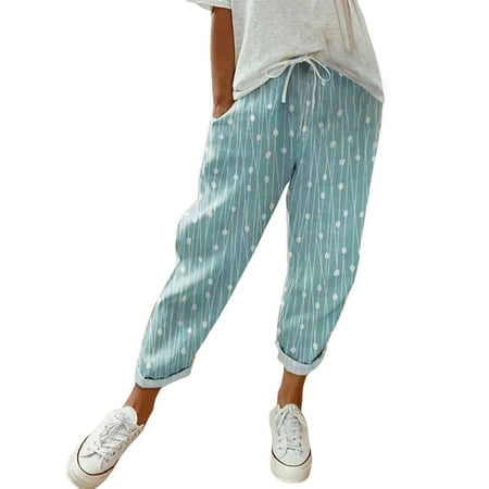 Eashery Linen Pants for Women Lounge Pants Comfortable Straight Calf-Length Pants Wide Leg Trouser Pants for Women (Print Color Sky Blue XXL)