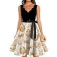 thumbnail image 4 of LWavelet Women's Sleeveless Scalloped Neck Fit-and-Flare Dress, Pastel Easter Egg & Floral Print with Satin Bow Belt for Holiday & Party Outfits Beige S, 4 of 4