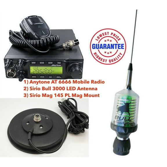 Combo: Anytone AT 6666 Mobile Radio with Sirio Bull 3000 LED Antenna with Mag 145 PL Mag Mount