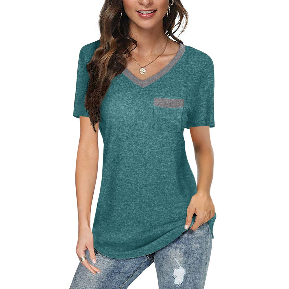 Womens V Neck Short Sleeve Tops Casual Pocket T-Shirts - Walmart.com