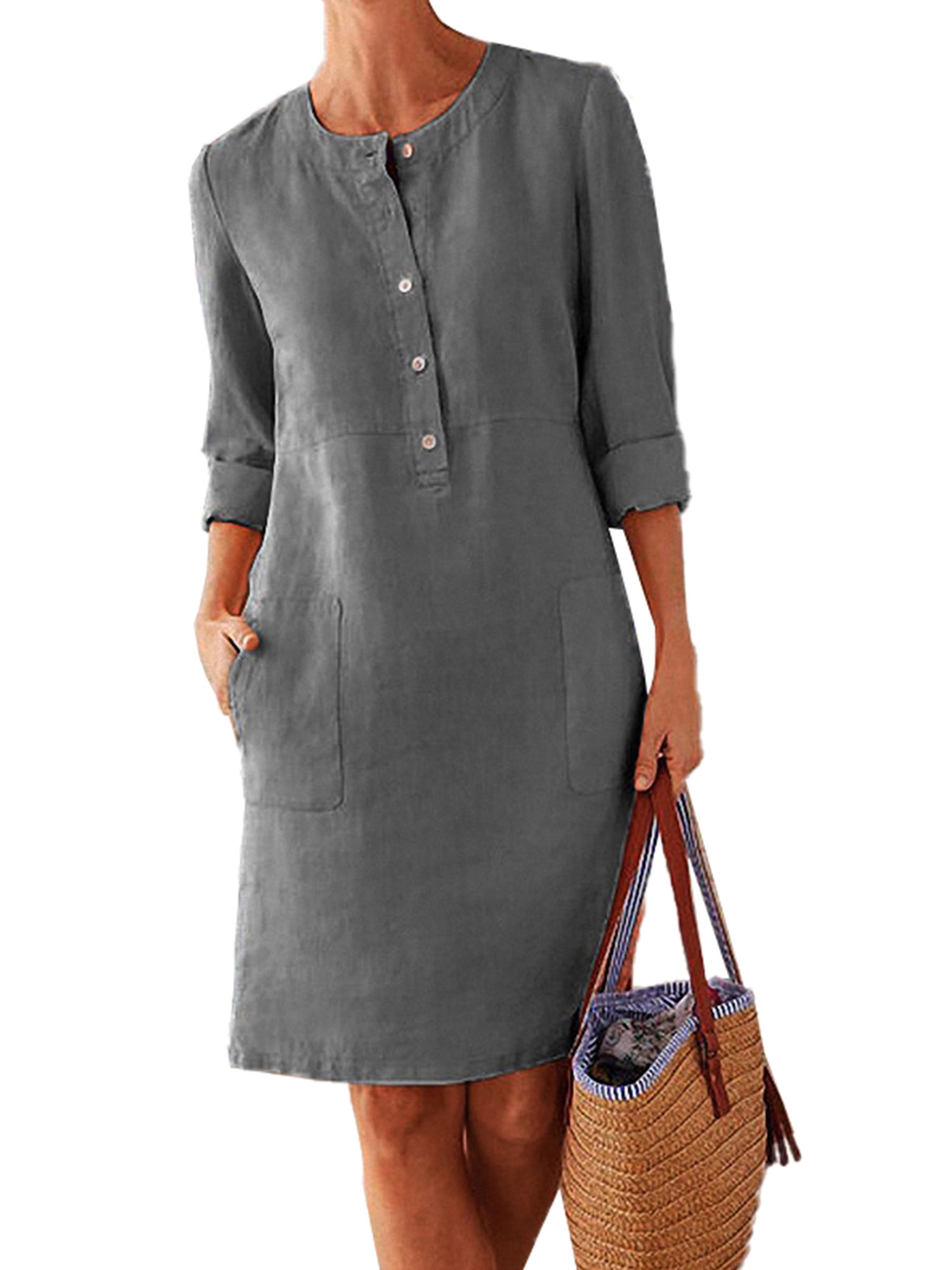 casual round collar plain loose shift dress