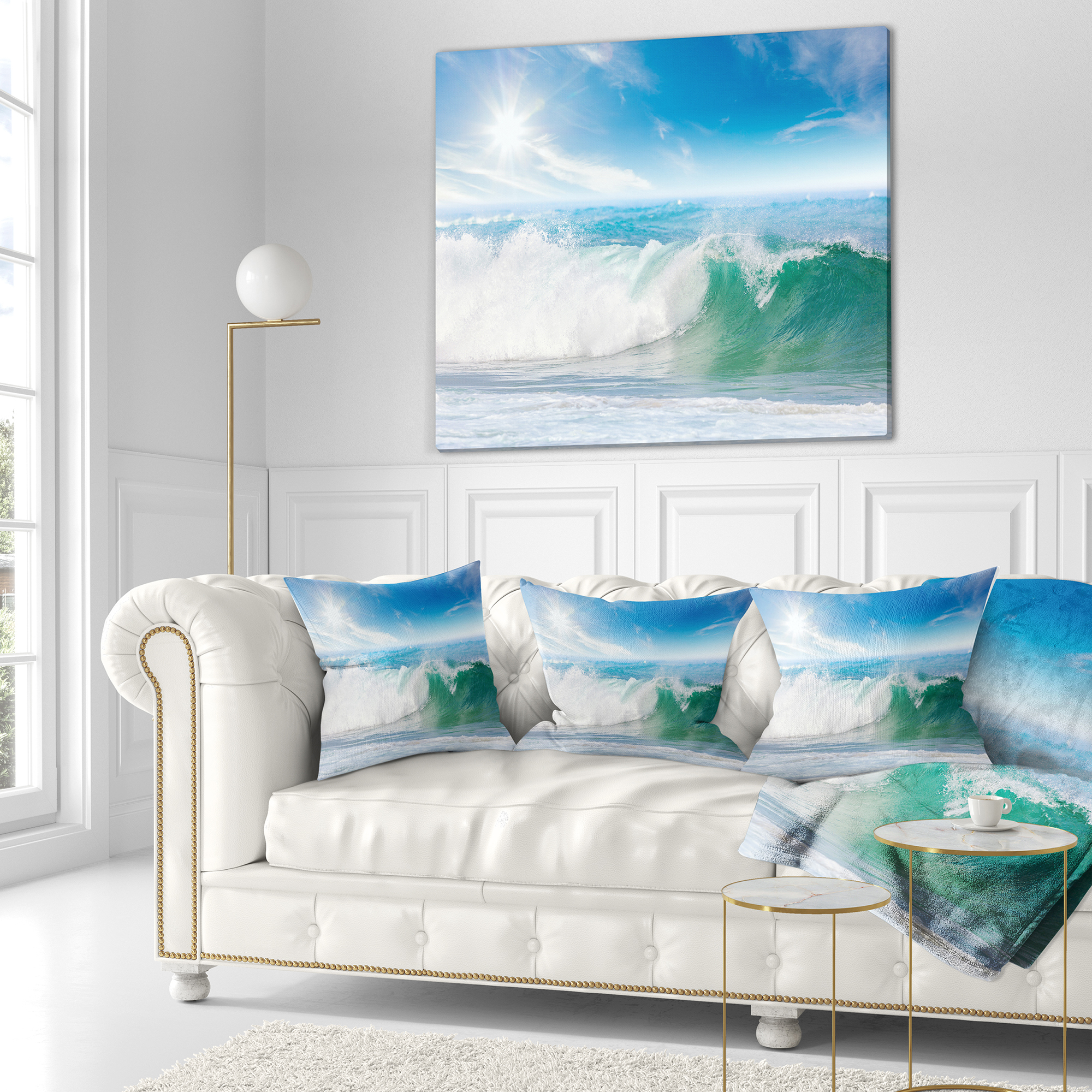 Designart White and Blue Waves under Sun - Seascape Throw Pillow - 16x16