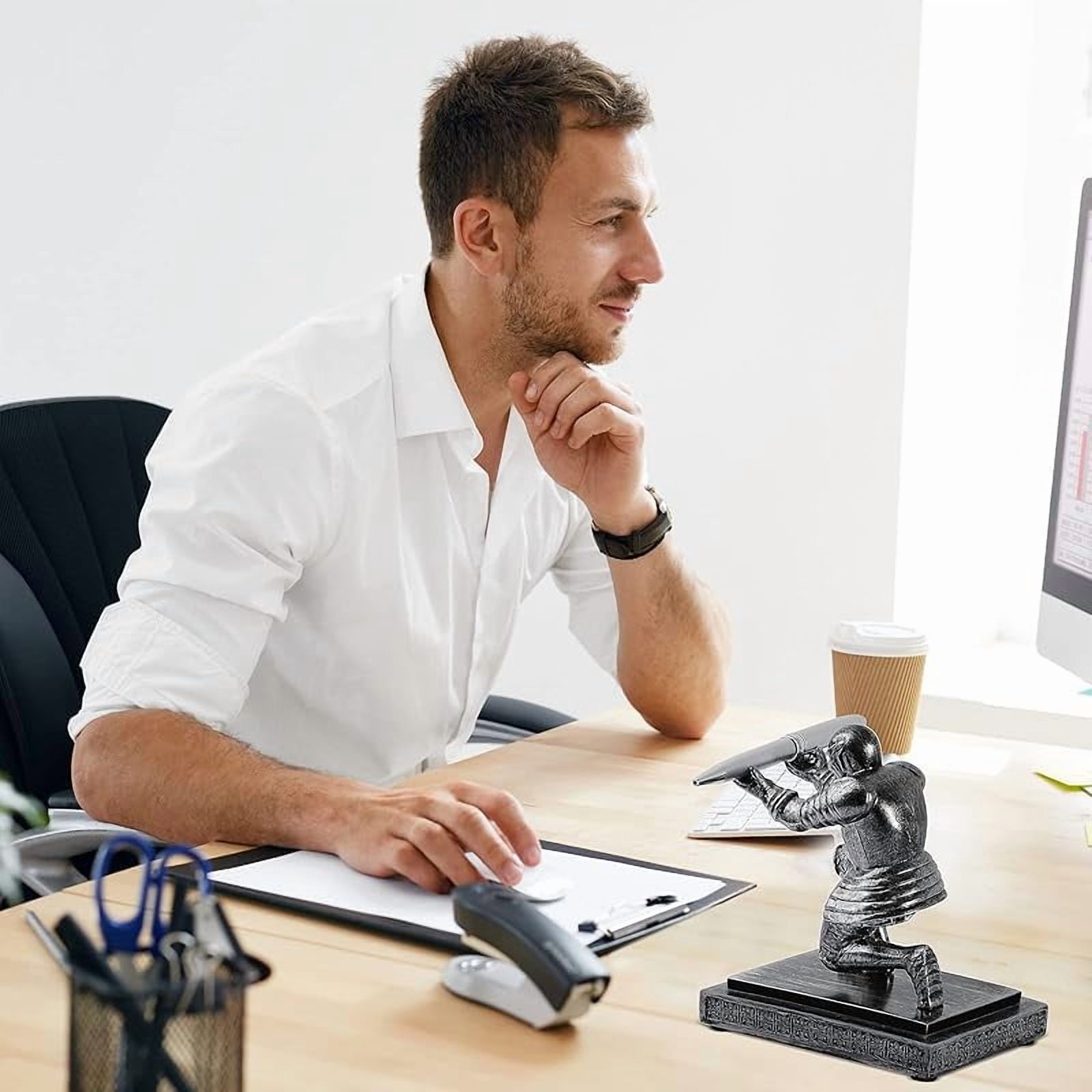 Knight Pen Holder with 2 Pens Resin Desk Organizers and Accessories Funny Executive Pen Stand Fancy Cool Office Gadgets Cool Desk Decorations for Men Home Supplies(Classic,Iron)