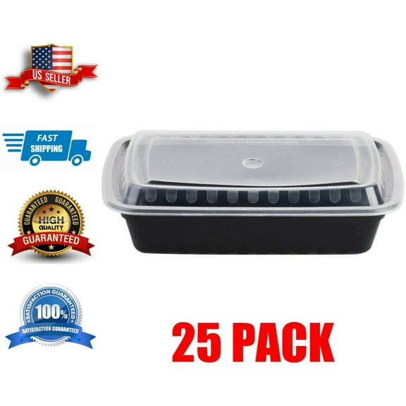 25 Pack | 28 oz. | Container with Lid | Black Rectangular Microwavable Heavy |