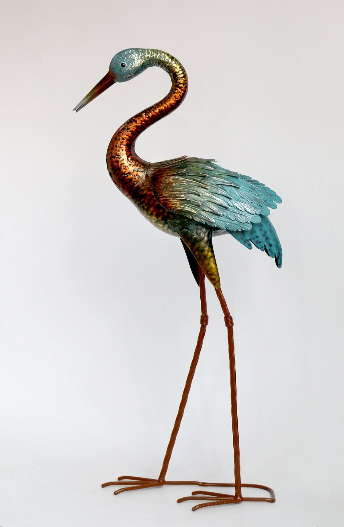 Bronze With Blue Feathers Metal Heron Garden Statue