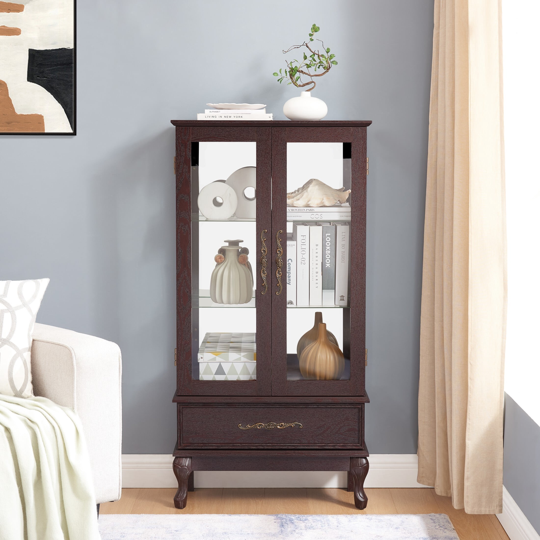 AENKYO Lighted Glass Display Cabinet, Stylish Glass Curio Cabinet with Adjustable Glass Shelves, Black Cherry