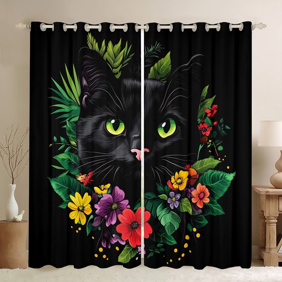 Castle Fairy Kids Teens Adults Kawaii Black Cat Blackout Curtains Set of 2 (52x84 Each),Chic Floral Flowers Window Curtains,Vintage Aesthetics Curtains and Drapes,Ultra Soft Home Decor