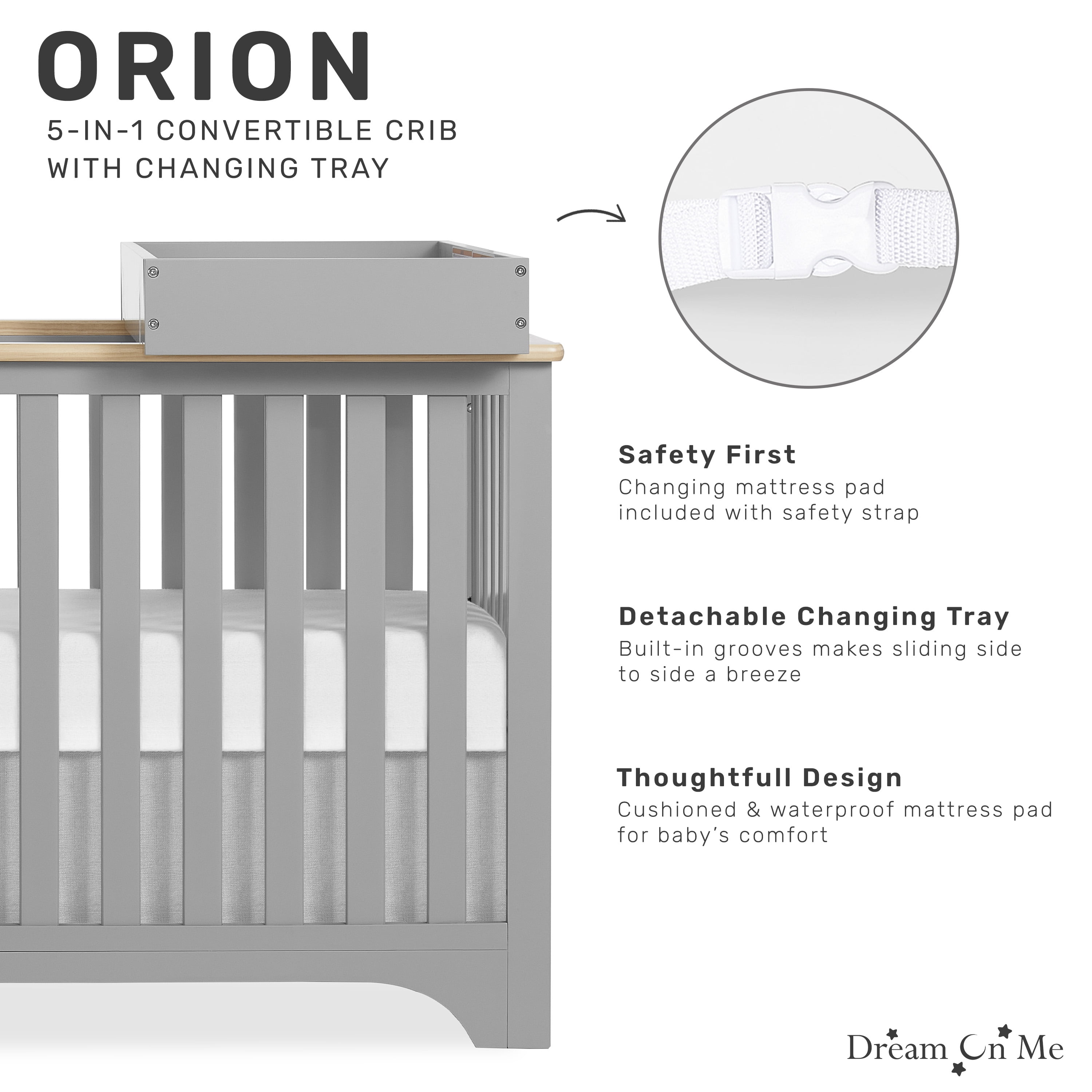 Dream On Me Orion 5-in-1 Convertible Crib with Removable Changing Tray, Pebble Grey Vintage