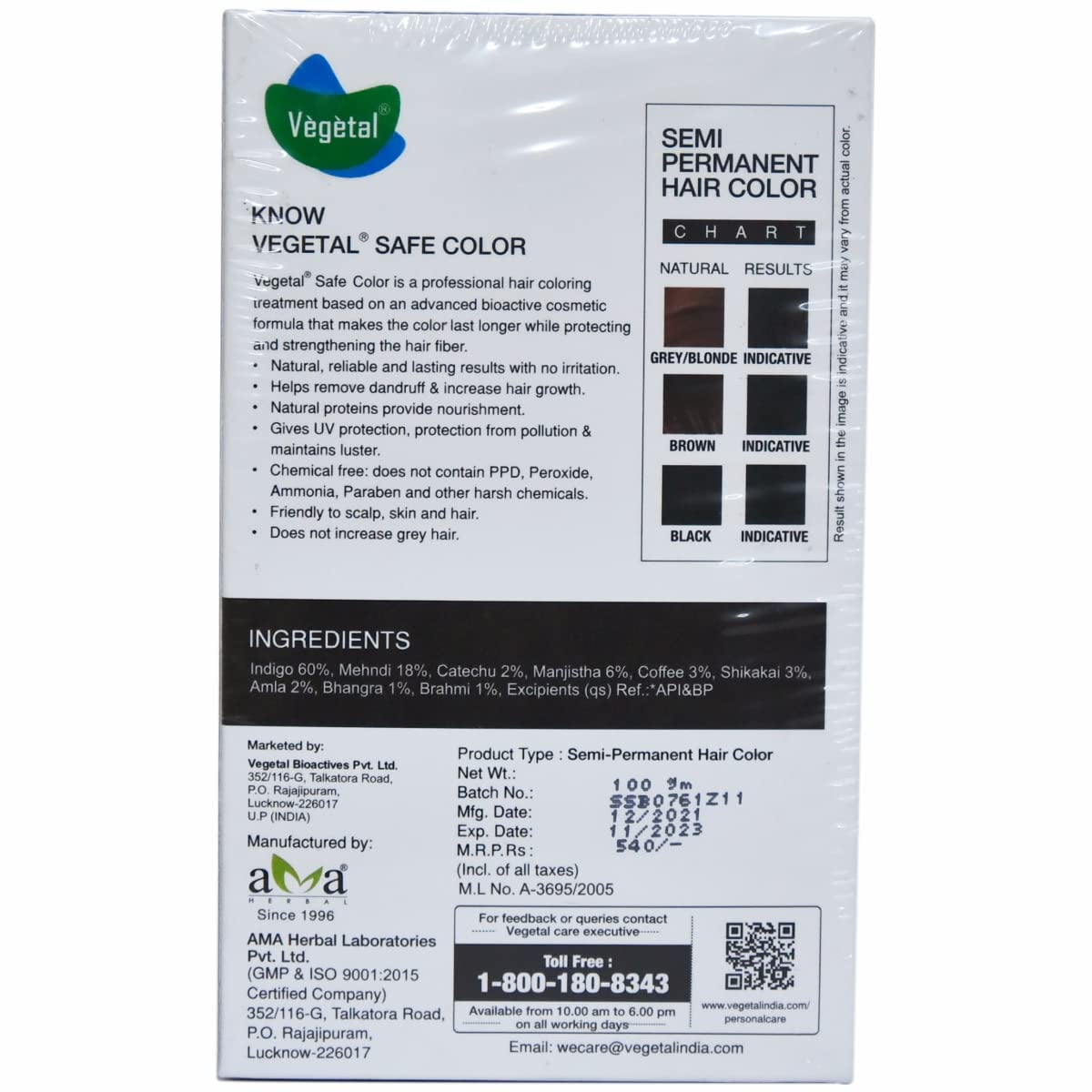 Vegetal Safe Color, Hair Color for Unisex, 100g - Soft Black (Pack
