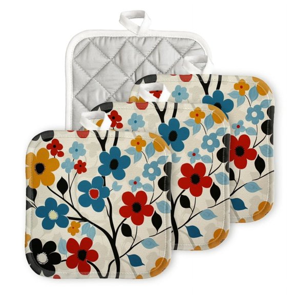 BaHomeck Pot Holders 4pcs dacron Made Square heat-resisting mat Machine Washable for Kitchen Oven Hot Pads 6.7inch*6.7inch,Groovy Floral Pattern On White Background