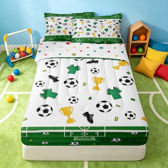 Manfei Soccer Sport Zipper Twin Comforter Sets with Fitted Sheet and 2 Pillowcases, Football Zipper Bedding Set, Green White Gold