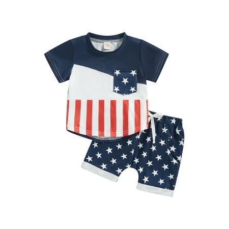 

Bagilaanoe 4th of July Clothes for Toddler Baby Boys Short Sleeve Contrast Color T-Shirt Tops + Stars Striped Shorts 6M 12M 18M 24M 3T Kids Independence Day Outfits 2pcs Short Pants Set
