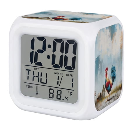 Rooster Digital Alarm Clock for Bedrooms, Smart LED Alarm Clock with 7 Color Changing Night Light, Modern Oil Painting Farmhouse Art Silent Wake Up Clocks for Sleep Study Cooking 3.2x3.2