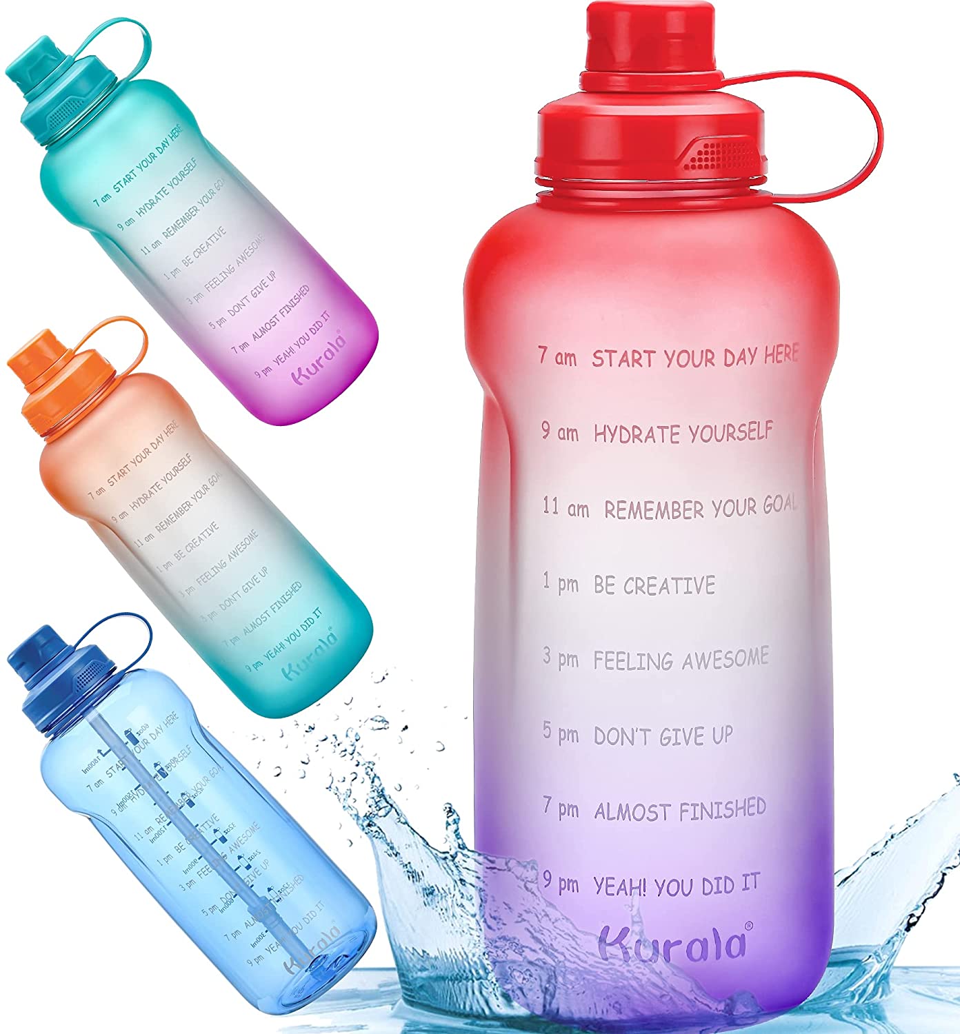Half Gallon/64 oz Motivational Water Bottle with Time Marker Reminder