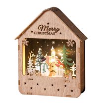 UYUH Lighted Christmas Deer Wood Decor White Hair Pair with Painted Chalet House Holiday Office Desktop Decorations Festive Gift Rustic Winter Village