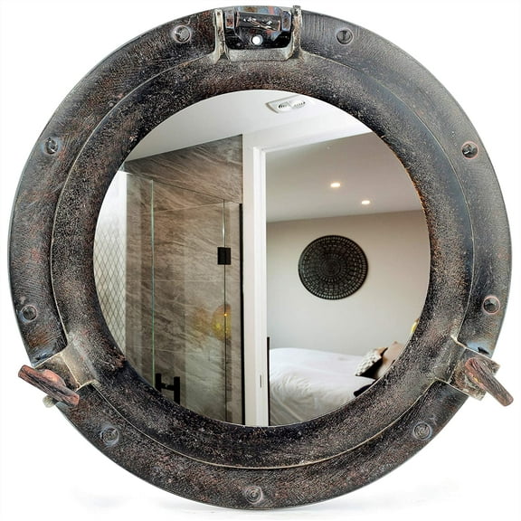 Rustic Dark Black Patina Porthole | Vintage Ship Decor Mirror | Pirate Gift | Black Chick Stylish Old Fashioned Wall & Door Fixtures Windows (Reflective Mirror, 24 Inches)
