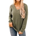 thumbnail image 1 of Women Waffle Batwing Long Sleeve V Neck Knit Basic Plain Shirt, 1 of 7