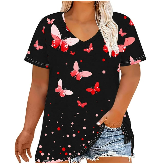 yoeyez Blouse pour Femme Grande Taille, Hauts à Manches Courtes pour Femme Tuniques Fluides à Col en V Chemises T-Shirts Graphiques Floraux Mode Décontractée Coupe Ample Tuniques Blouses Offres du Jour Prime Rouge 4TG