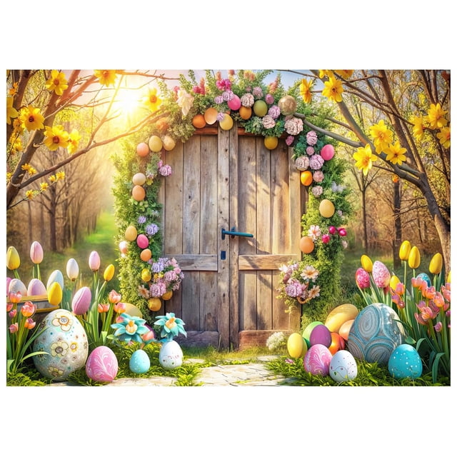 Telón de fondo fotográfico WOLADA, puerta de madera de Pascua, bosque, 210 x 150 cm