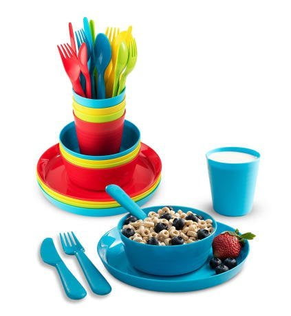 Plaskidy Kids Dinnerware Set for 4-24 Piece Plastic Childrens Dishes Dinnerware Sets Microwave/Dishwasher Safe BPA Free - Toddler Dinner Set Includes Kids Plates and Bowls Kids Cups Fla
