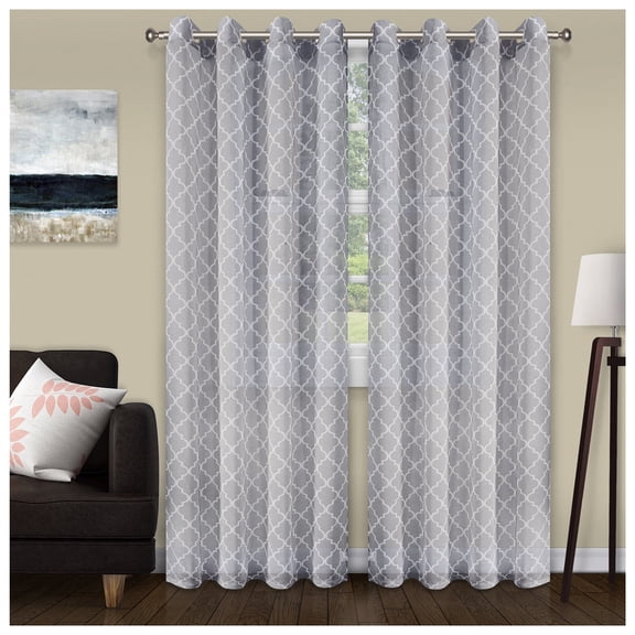 Trellis Geometric Soft Diffused Light Airy Lightweight Printed Sheer Curtain Set Grey / 52"x108"
