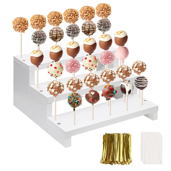 Soporte para tartas KhayRovies, 3 niveles, madera blanca, 33 agujeros, con accesorios
