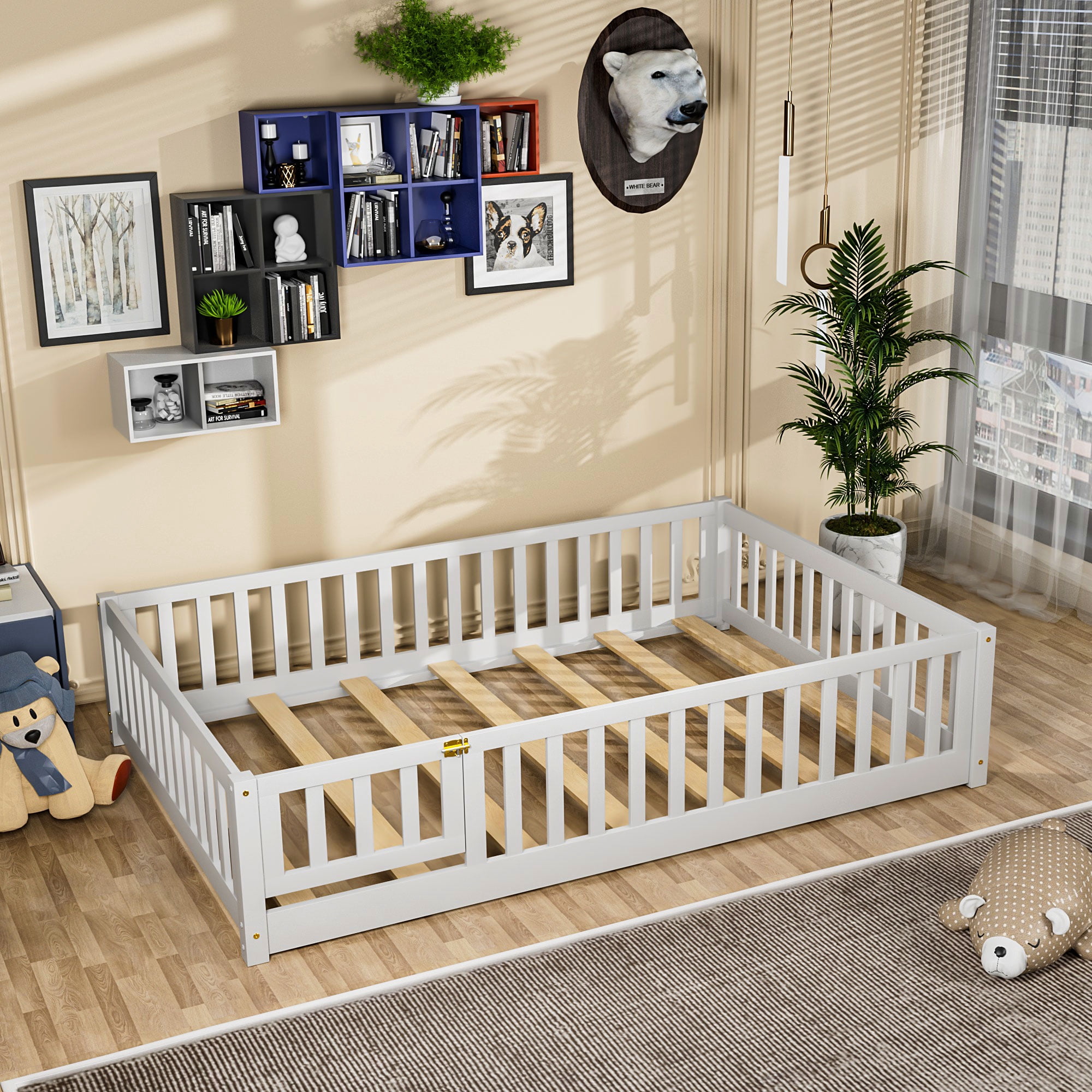 Miniyam Full Size Toddler Floor Bed with Fence, White